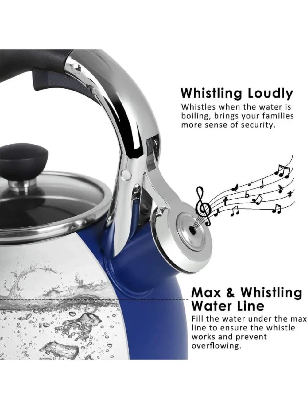 Blue Stainless Steel Kitchen Whistling Stove Top Tea Kettle 2.5 Quart Glass Lid